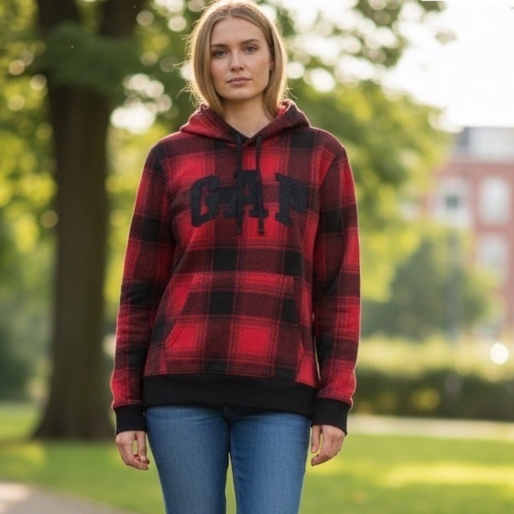 Gap Hoodie Red Black Buffalo Plaid Arch Logo Fleece Pullover Heritage  Grunge S